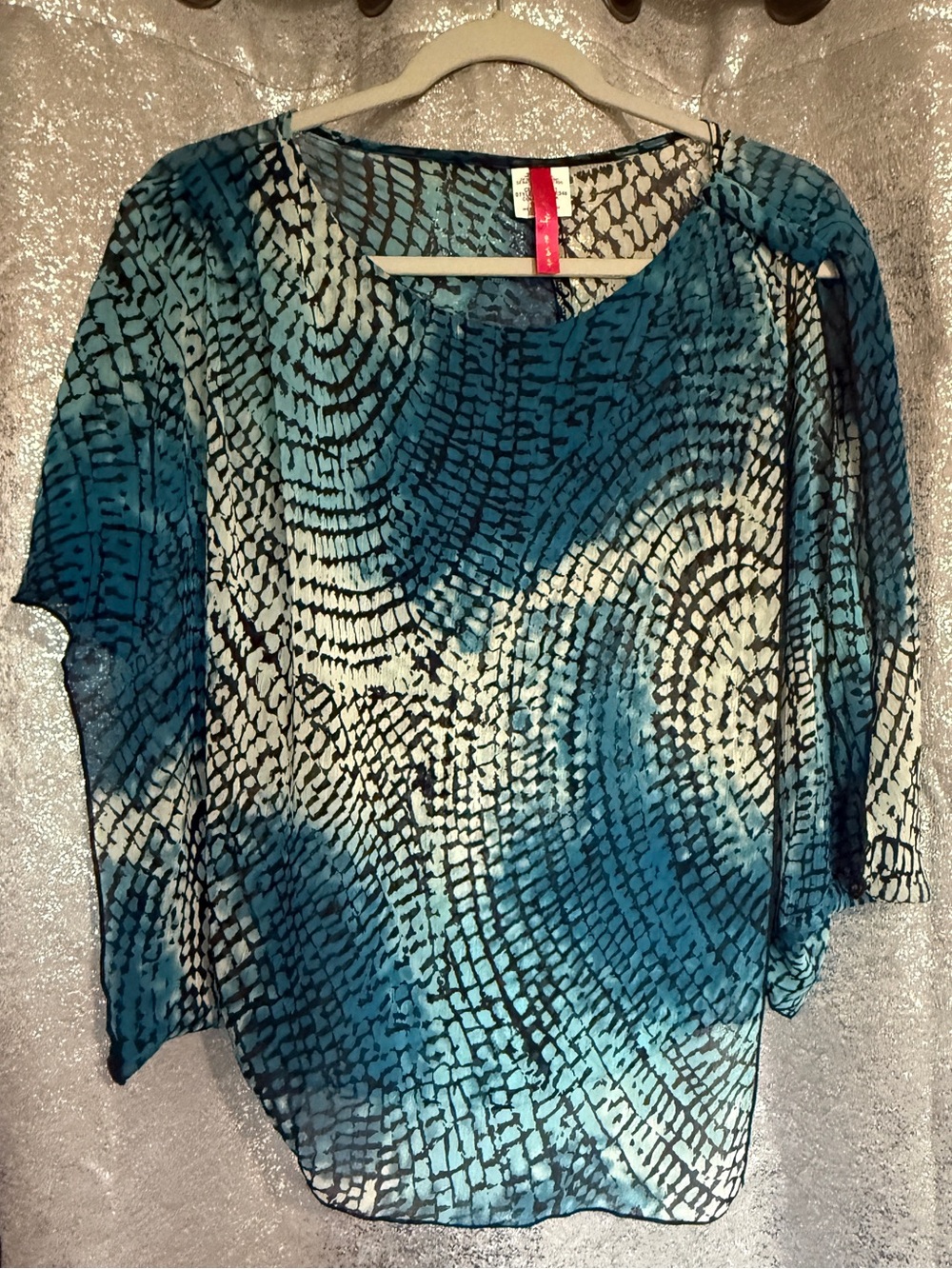 Heart Soul Teal, Blue and White Abstract Swirl Dolman Blouse